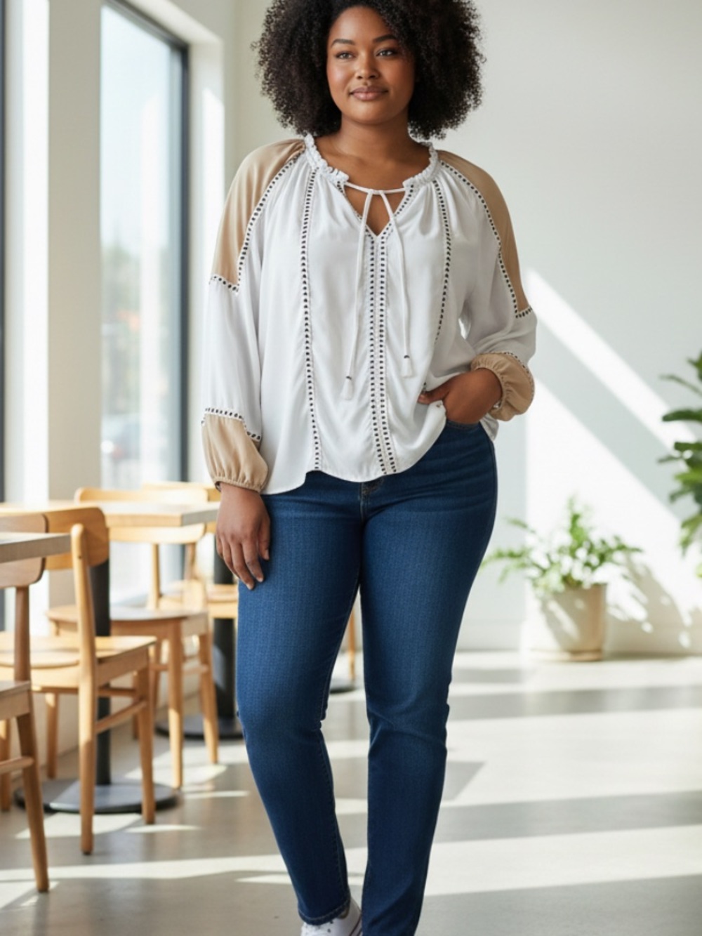 Tracy Evans White Peasant Blouse with Beige Accents